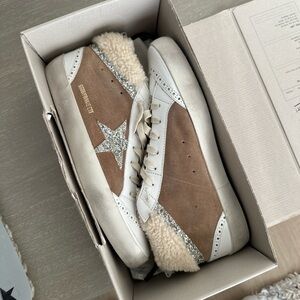 Golden Goose White and Silver Sneakers with Shearling